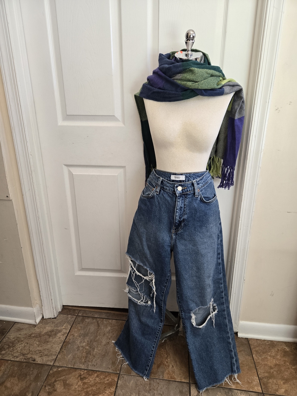 Forever 21 Distressed Wide-Leg Blue Jeans